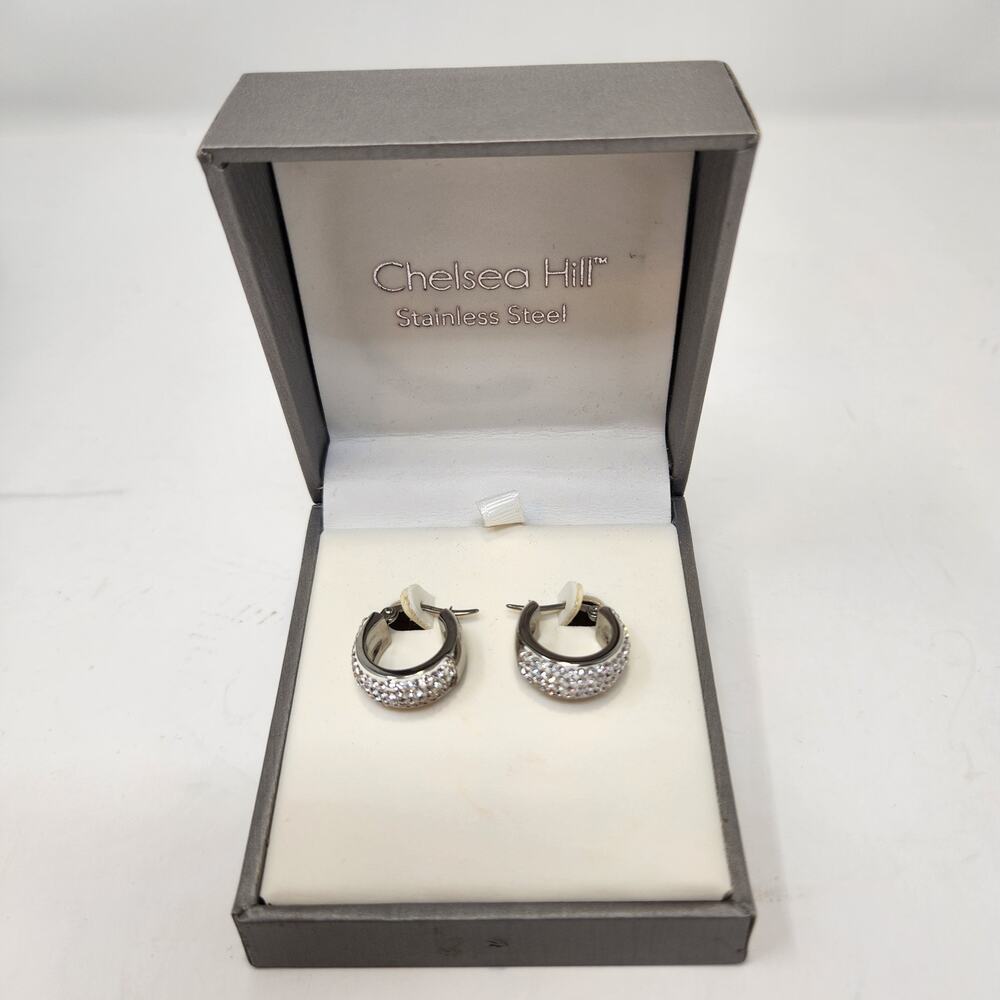 Chelsea Hill Silver Tone Crystal Small Wide Hoops White Enamel Chunky Huggies